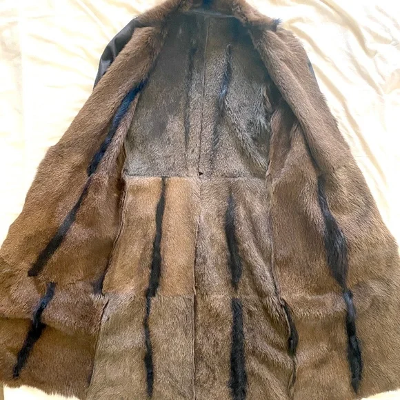 Vintage WHISTLES Dark Brown Soft Leather & Fur Long Overcoat Size Medium